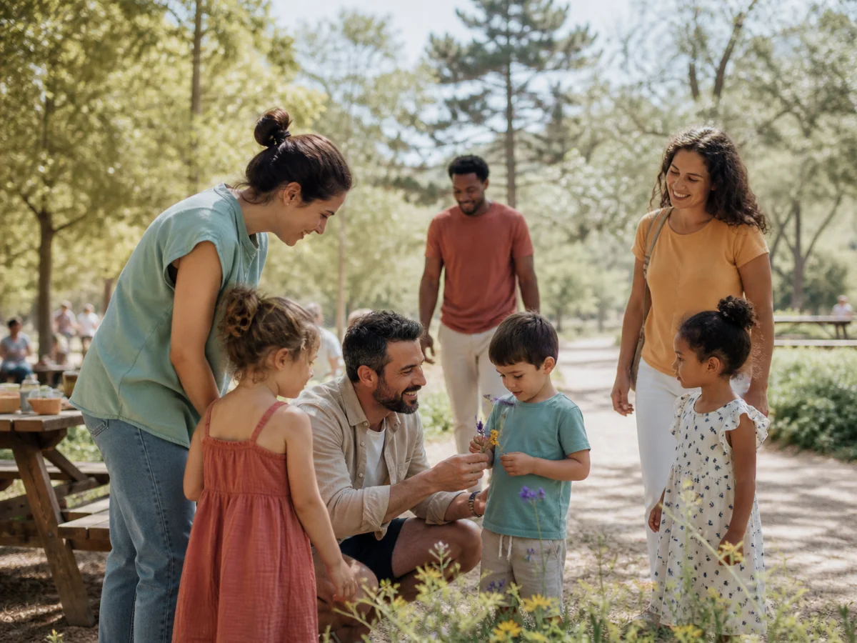Des familles partageant une activité accessible en plein air